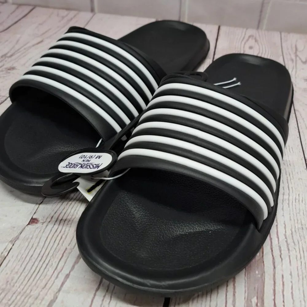 Mission Ridge Mens Slides Black White Ribbed Strap Sandals Shoes Size 9/10